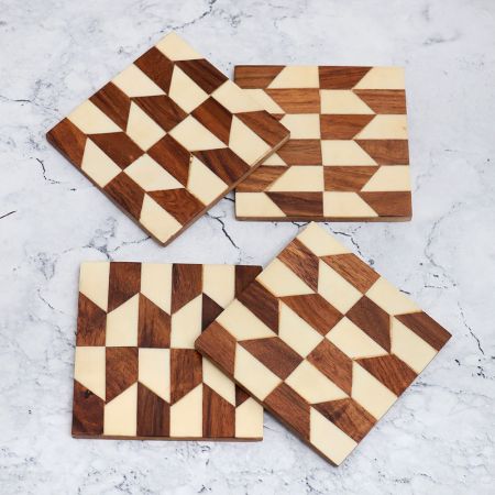 Modern Brown and White Pattern Wooden Coasters - Pack of 4